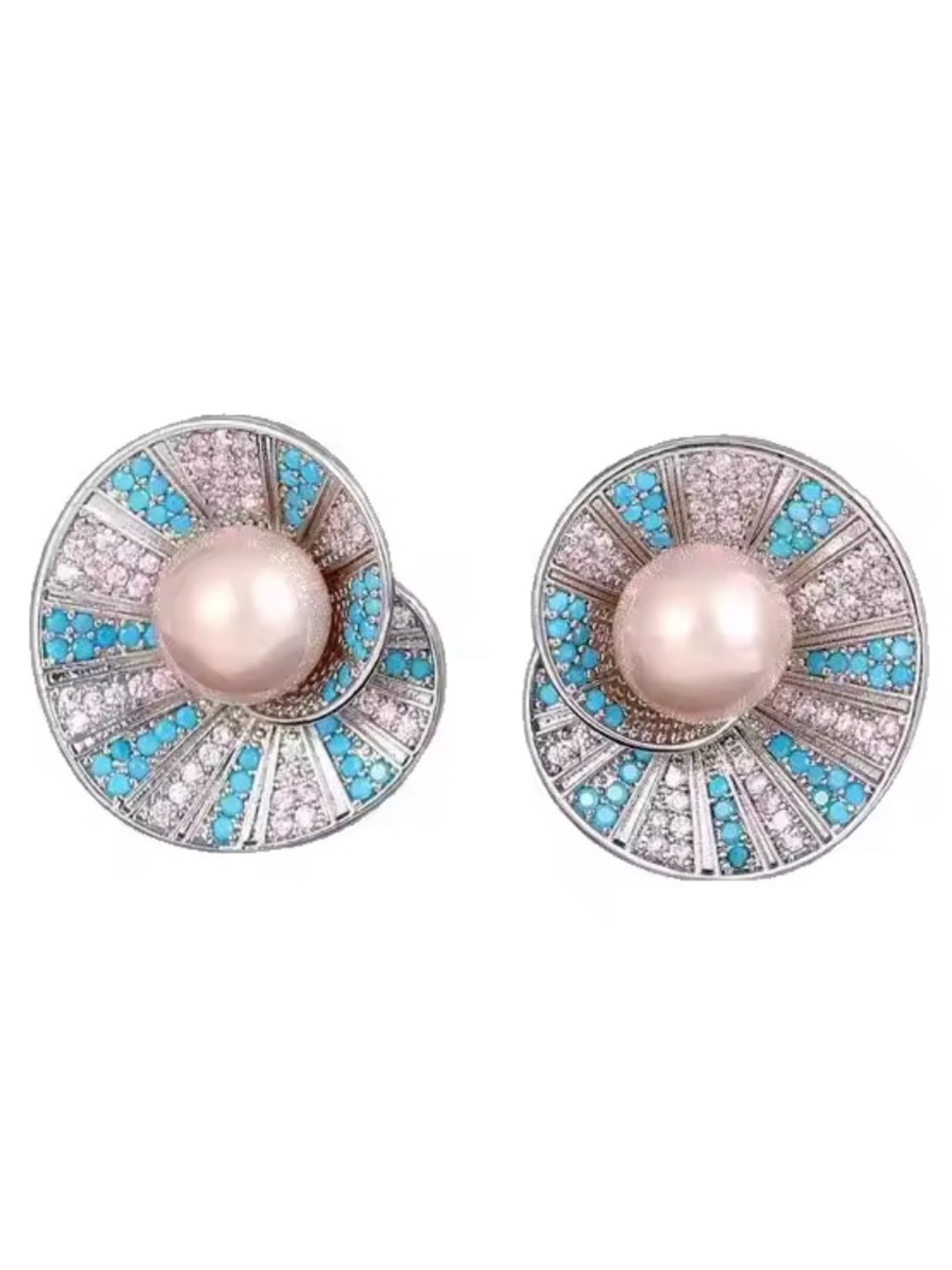 Platinum Plated Large Pearl & Turquoise, brilliant white topaz Fan Stud Earrings